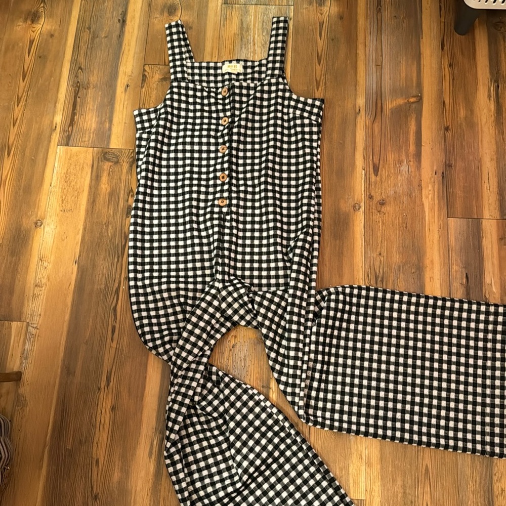 Black gingham print stretch woven overalls